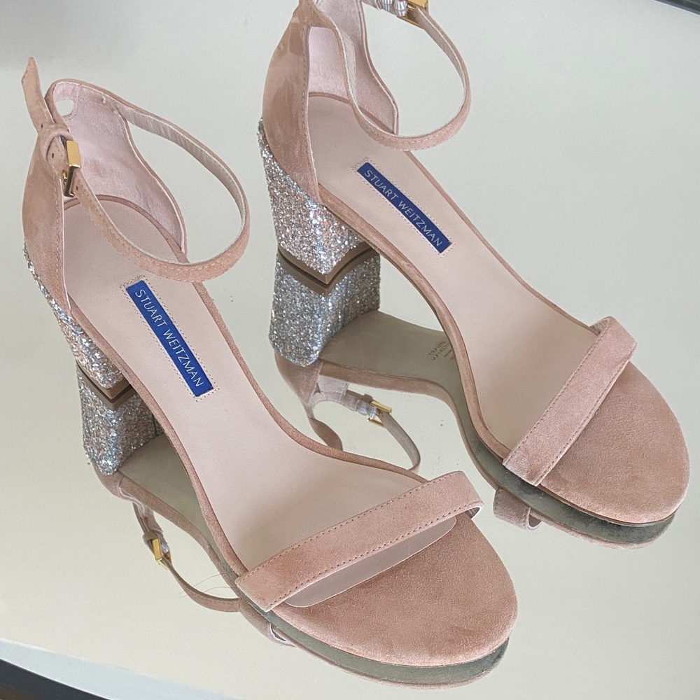 Stuart Weitzman Blush Suede Glitter Block Heel Sandals Size 9